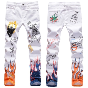 Men Streetwear White Jeans Cotton Stretch Denim Slim Fit 3D Graffiti Skull Flame Printed Hip Hop High Street Fashion Pants