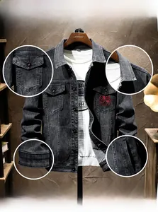 Detail of red circular embroidery and stitching on a dark grey denim jacket pocket