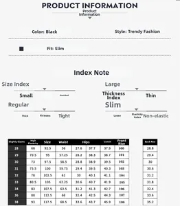 Size chart for black slim-fit embroidered jeans showing waist and hip measurements