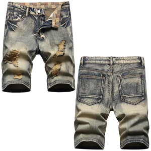 Men's Vintage Distressed Denim Shorts High Street Ripped Washed Straight Fit Knee Length Jean Shorts For Summer Casual Wear