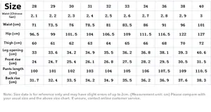 Detailed size chart for men's distressed jeans with measurements from size 28 to 40
