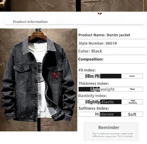 Detail view of black embroidered denim jacket with size chart and fabric parameters