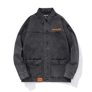Men Cotton Denim Jacket Vintage Washed Long Sleeve Lapel Workwear Coat With Embroidery Casual Daily Wear Loose Outerwear