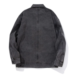 Men's retro loose-fit washed grey denim jacket with three-panel back stitching detail