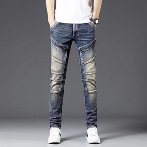 Men's Retro Biker Jeans Slim Fit Stretch Cotton Denim Pants With Zipper Decor Spliced Motorcycle Trousers For Men
