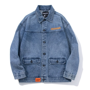 Men's winter loose casual single-breasted blue cotton jacket with pockets