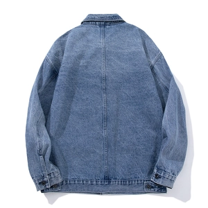Men's casual loose denim jacket in light blue stone wash with back seam detail
