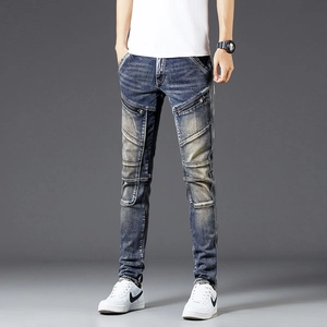 Slim fit retro motorcycle jeans for men with biker paneling and zipper details