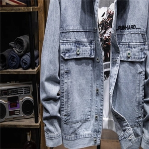 Men's light blue vintage denim jacket with Runhard embroidery and workwear pockets