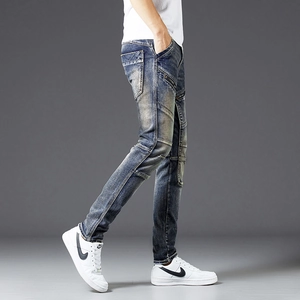 Slim fit men's vintage blue motorcycle jeans with decorative zippers and cargo styling