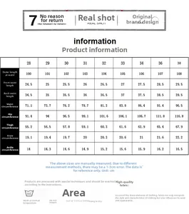 Detailed size chart for men's slim fit jeans with waist and length measurements in cm