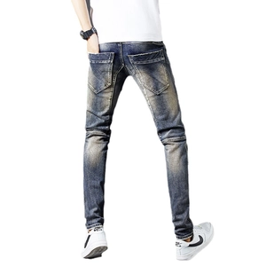 Men's slim fit retro dark blue jeans with vintage washed whiskers and stretch denim