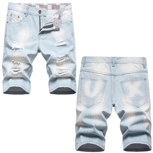 Short en Jean Déchiré pour Homme Bleu Clair Délavé Mélange de Coton Streetwear Décontracté Pantalon pour Quotidien Été