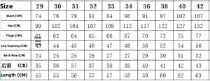 Detailed size chart for men's slim fit distressed denim shorts with waist and hip measurements