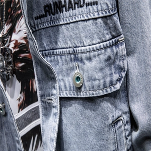 Wash blue denim jacket with RUNHARD embroidery and contrast stitching details