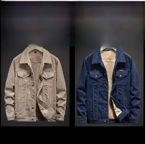 Detailed view of men's corduroy jacket with plush lining in khaki and navy blue