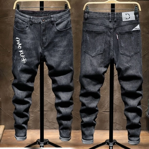 Men's Slim Fit Embroidered Denim Jeans Faded Distressed Stretch Trousers Korean Fashion Streetwear Black Grey Denim Pants