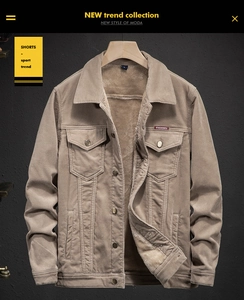 Close-up of khaki corduroy jacket showing thick sherpa lining and ribbed fabric texture
