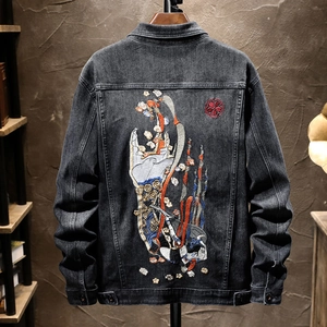 Men's Vintage Denim Jacket Heavyweight Cotton Washed Coat Back Embroidery Chinese Style Streetwear Casual Tops Outerwear