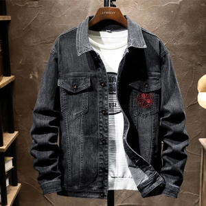 Washed dark grey denim jacket for men featuring classic embroidery and metal buttons