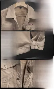 Detail of corduroy jacket collar and cuffs with warm fleece lining and metal buttons