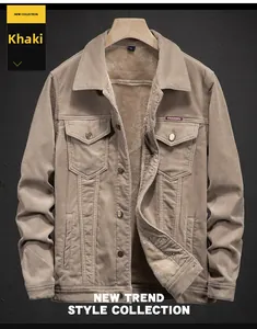 Detailed close-up of khaki corduroy jacket with warm fleece lining and chest pockets