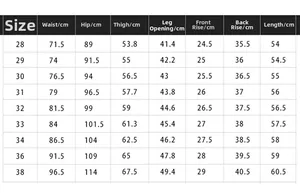 Detailed size chart for men's denim shorts showing waist and length measurements from 28 to 38