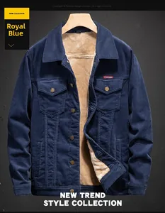 Detailed close-up of corduroy jacket with thick faux fur lining and royal blue texture
