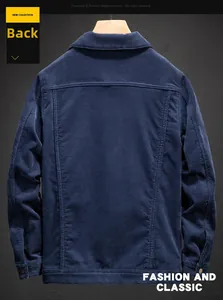 Back view detail of men's dark blue corduroy jacket showing fine ribbed texture and seams