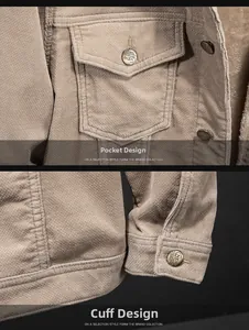 Detail of corduroy jacket showing fleece lining, pocket design and metal buttons