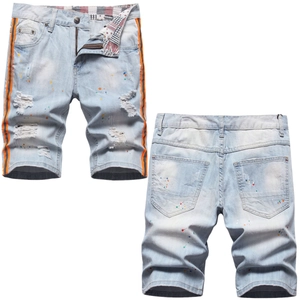 Pantaloncini di Jeans Strappati Azzurro Uomo Schizzi di Colore Fatti a Mano Streetwear Cotone Elasticizzato Bermuda