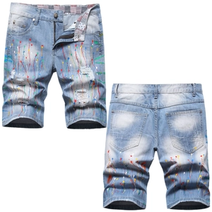 Short en Jean Hip Hop Homme Bleu Clair Avec Éclaboussures de Peinture Denim Déchiré Streetwear Bas Décontracté Été