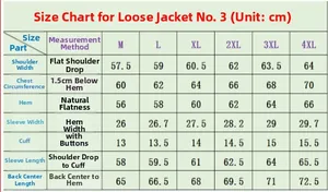 Detailed size chart for men denim jacket covering measurements from M to 4XL in centimeters