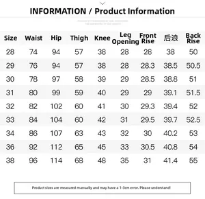 Detailed size chart for men's casual denim shorts with waist and hip measurement data