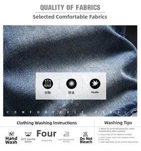 Detailed macro view of blue denim fabric texture and laundry care instructions label