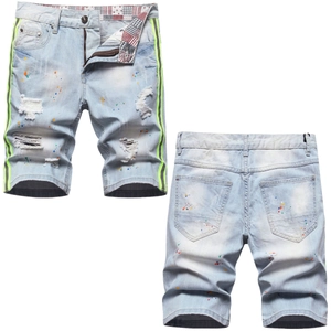 Short en Jean Délavé Bleu Clair pour Hommes Streetwear Déchiré Éclaboussures Peinture Taille Moyenne Coupe Droite Tendance