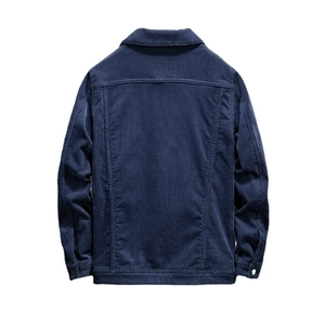 Men's slim-fit corduroy jacket in navy blue, showcasing back view and ribbed texture design