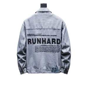 Men's light blue washed denim jacket featuring RUNHARD letter print on the back side