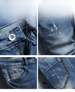Detailed close-up of denim shorts featuring paint splatters, whiskers, and vintage metal button