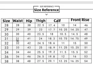 Detailed size chart for men's denim shorts showing measurements for waist and length