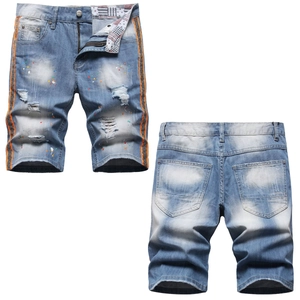 Men Denim Shorts Retro American Streetwear Light Blue Distressed Holes Paint Splatter Shorts With Webbing Side Tape For Summer Casual