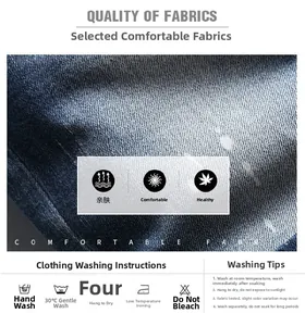 Detailed fabric texture of blue stretch denim with professional laundry care instructions