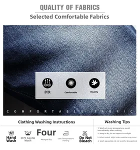 Detail of blue denim fabric texture and laundry care instructions for casual shorts