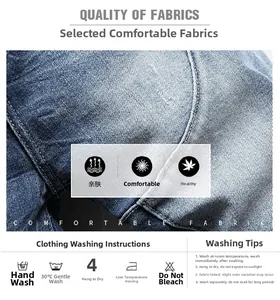 Close-up of blue washed denim fabric texture with detailed laundry care instructions