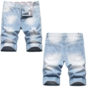 Men's Casual Distressed Denim Shorts Light Blue Ripped Straight Leg Summer Thin Ripped 5-Point Denim Shorts For Men