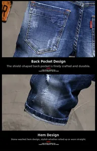 Detail der blauen Denim-Shorts mit Stickerei auf Schildtasche und verwaschenem Saum-Effekt