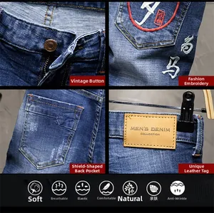Detail der chinesischen Stickerei und des Lederetiketts an den Herren-Denim-Shorts