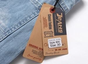 Detailed close-up of light blue denim shorts featuring classic fashion tags and 806 model label