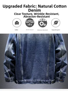 Detail view showing natural cotton denim fabric texture and metallic buttons on a navy jacket