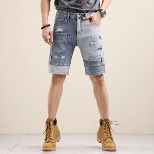 Men Patchwork Denim Shorts Ripped Distressed Summer Casual Cotton Blue Jeans Streetwear Fashion Five-Point Middle Pants